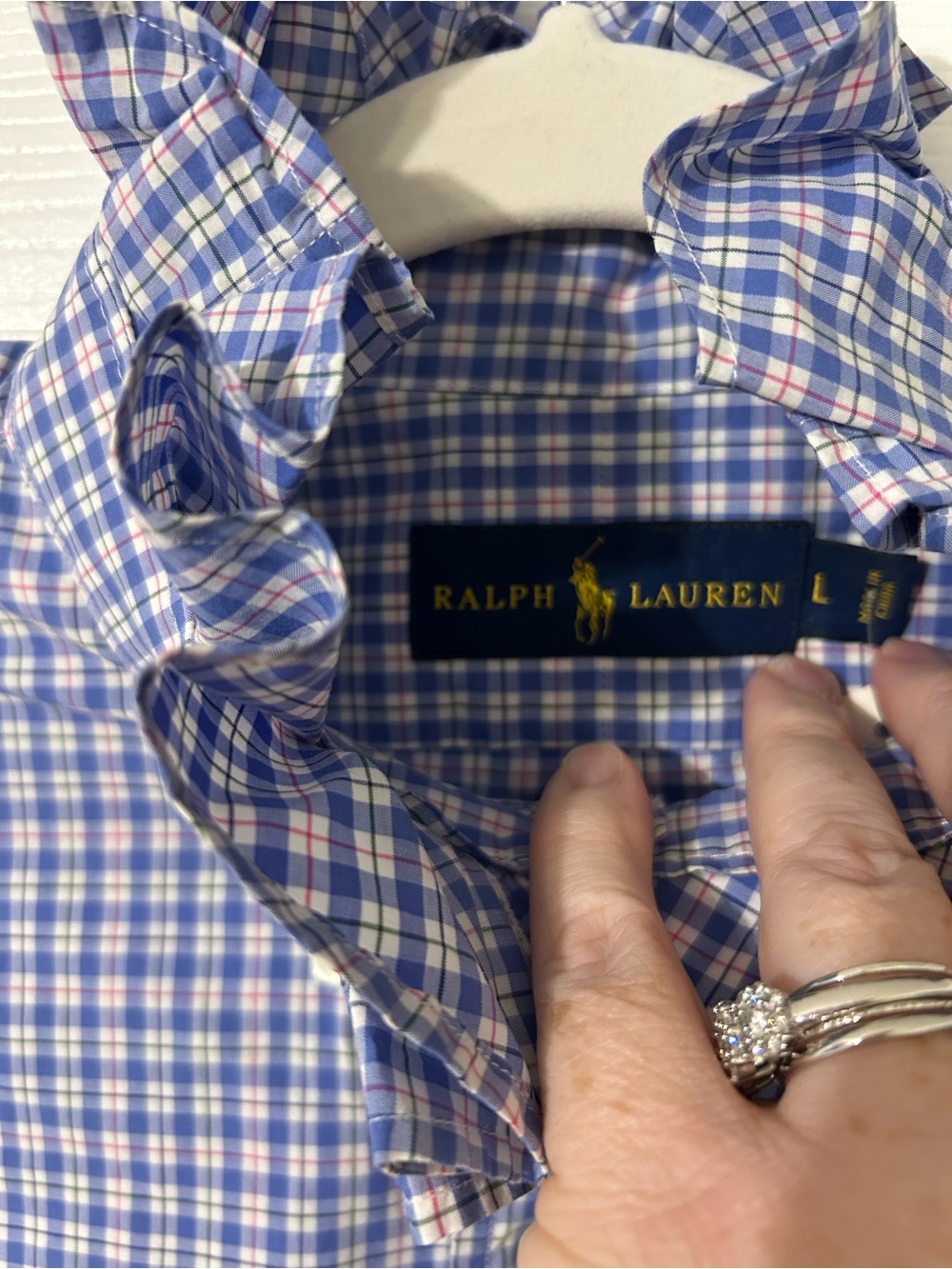 Ralph Lauren Blue Plaid Button-Down Ruffle Neck Shirt with Pink Logo - Picture 4 of 5